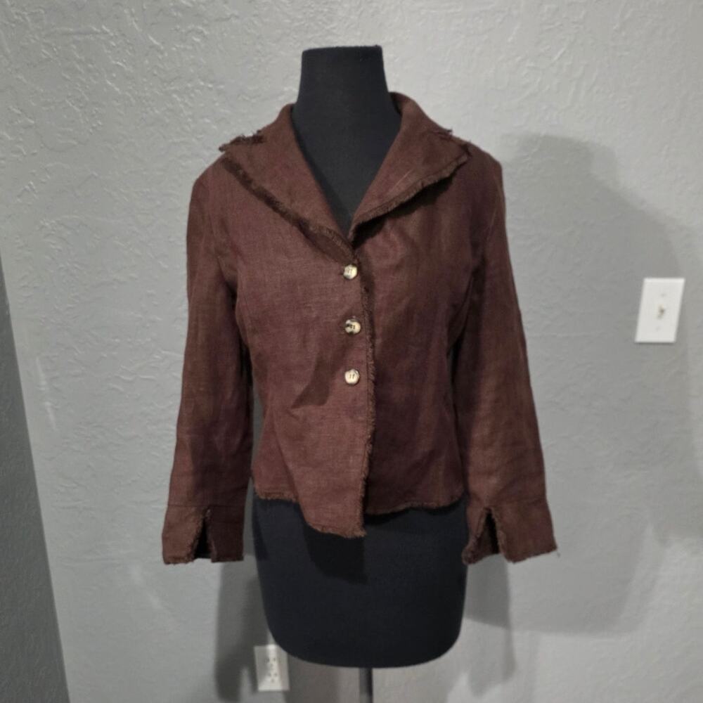 Harve Benard Chocolate Brown Linen Fringe Hem Jacket - Sz 8